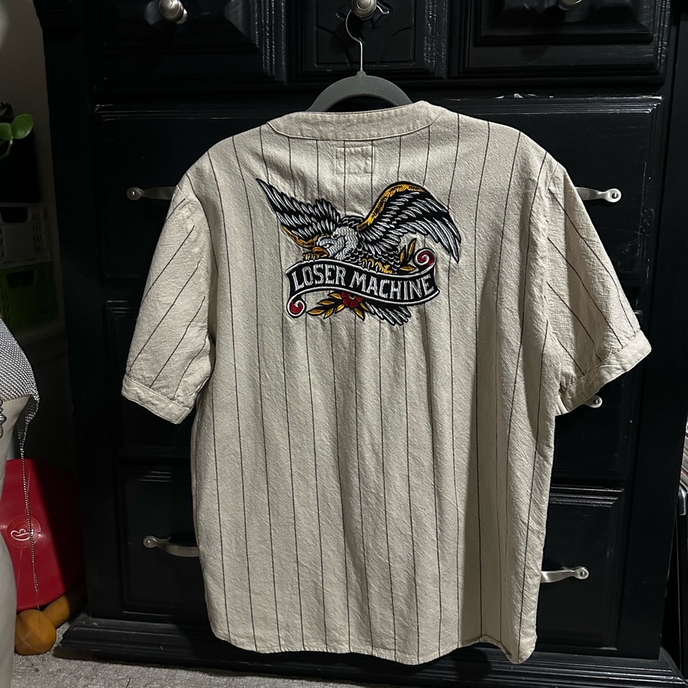 Loser Machine Cream Pinstripe Men's Shirt with Eagle Design